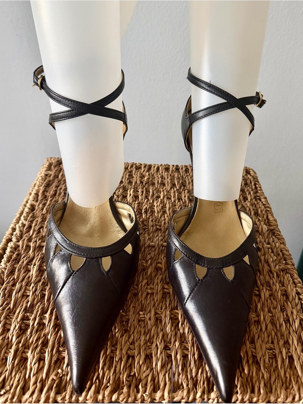 Pointed-Toe Ankle-Strap Heels with Cutout Detail